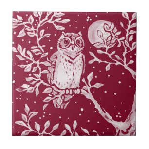 Burgundy Owl Moon Night Woodland Forest Animal Tile