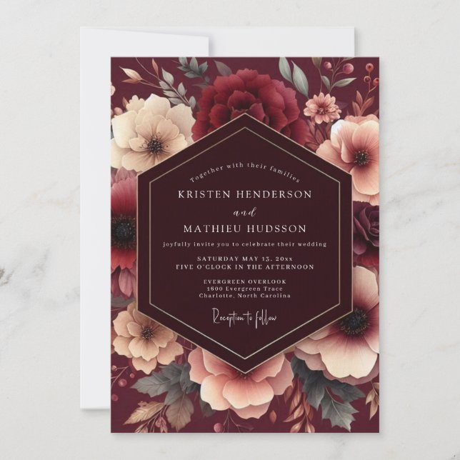 Burgundy Painterly Bloom Wedding Invitation (Front)