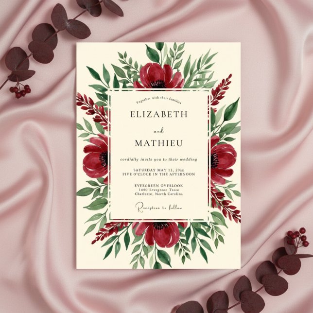 Burgundy Painterly Blossom Wedding Invitation (Creator Uploaded)