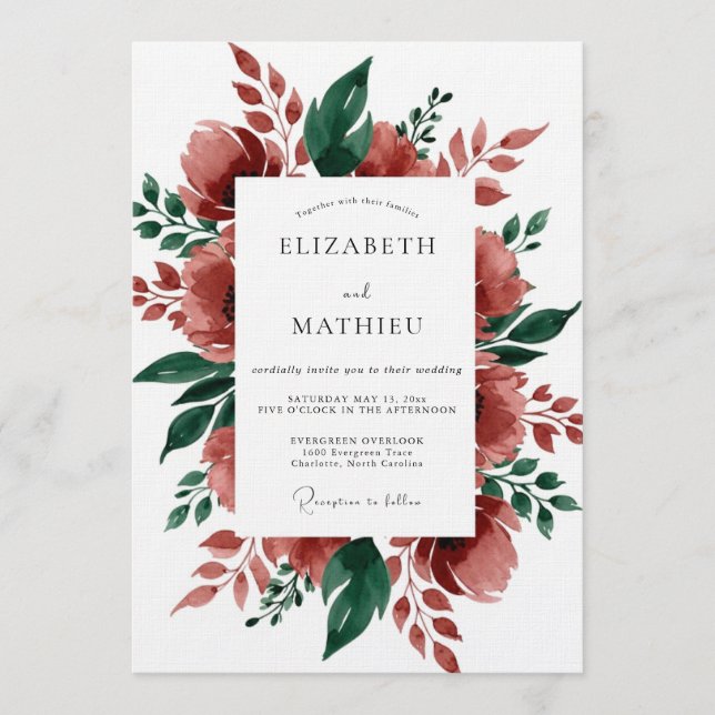 Burgundy Painterly Floral Bloom Wedding Invitation (Front)