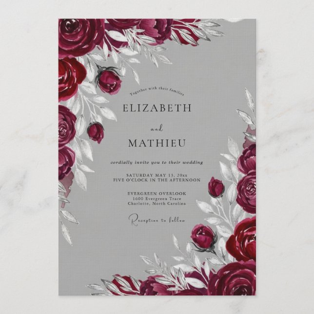 Burgundy Painterly Floral Romance Wedding Invitation (Front)
