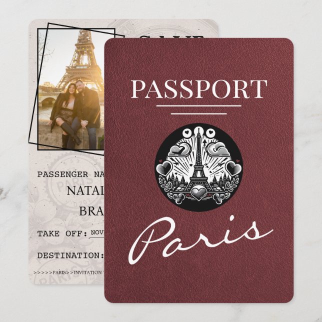 Burgundy Paris Passport Save The Date (Front/Back)