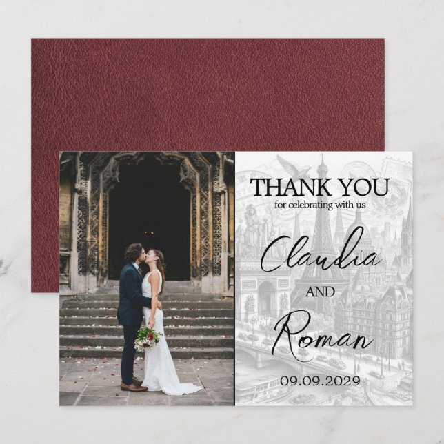 Burgundy Paris Passport Thank You Card (Front/Back)