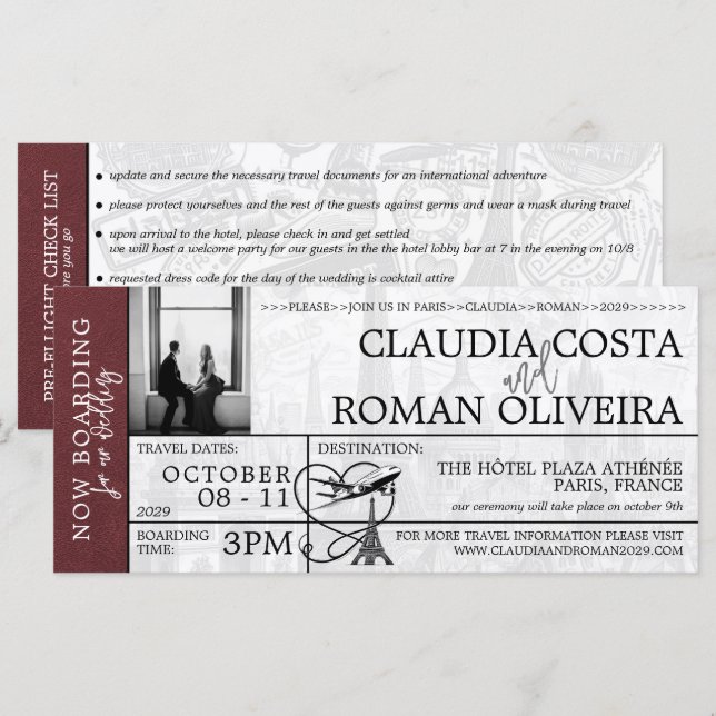 Burgundy Paris Wedding Boarding Pass Invitation (Front/Back)