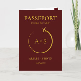 burgundy Passport Destination Faux gold Wedding Invitation