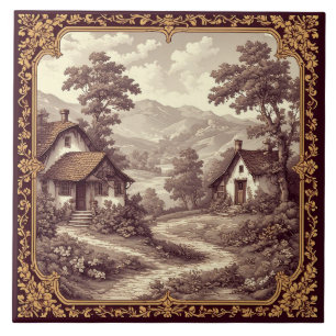 Burgundy Pastoral French Toile Vineyard Country  Tile
