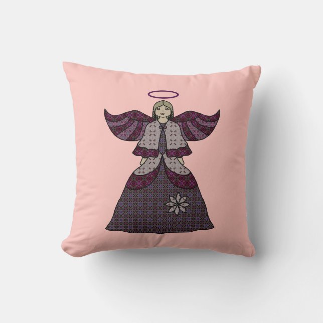 Burgundy Patchwork Angel Throw Pillow (Front)
