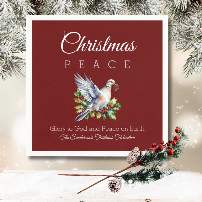 Burgundy Peace Dove Holly Christian Christmas Napkin (Creator Uploaded)