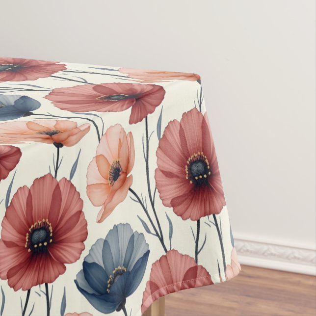 Burgundy Peach and Blue Poppy Tablecloth (In Situ)