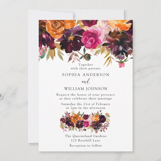 Burgundy Peach Autumn Fall Flowers Elegant Wedding Invitation (Front)