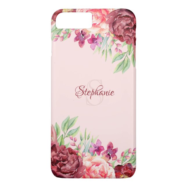 Burgundy Peach Blush Floral Rose Monogram Case-Mate iPhone Case (Back)