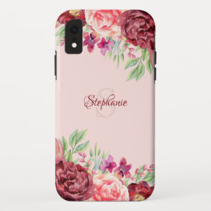 Burgundy Peach Blush Floral Rose Monogram iPhone XR Case