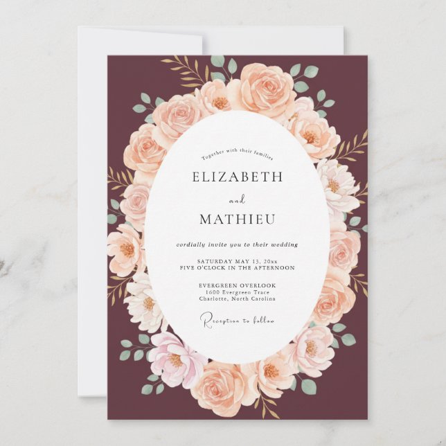 Burgundy Peach Botanical Wedding Invitation (Front)