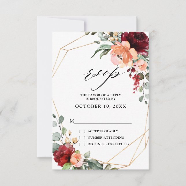 Burgundy Peach Coral Orange Eucalyptus Wedding RSVP Card (Front)