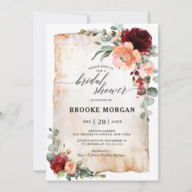 Burgundy Peach Coral Pink Roses Bridal Shower Invitation (Front)