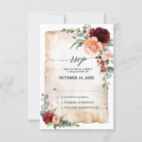 Burgundy Peach Coral Pink Roses Eucalyptus RSVP