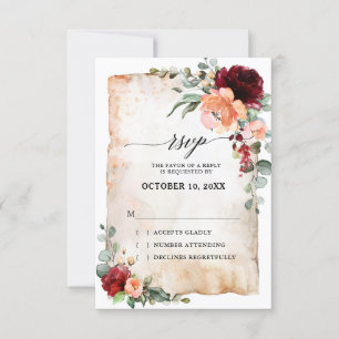 Burgundy Peach Coral Pink Roses Eucalyptus RSVP Card