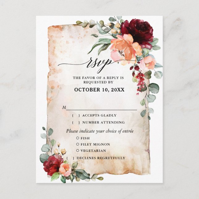 Burgundy Peach Coral Pink Roses Eucalyptus RSVP Postcard (Front)