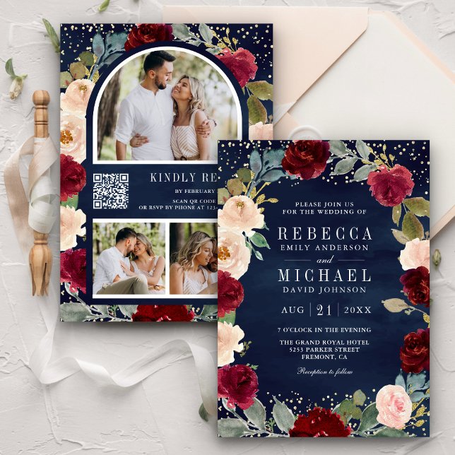 Burgundy Peach Floral Navy Blue QR Code Wedding Invitation (Creator Uploaded)
