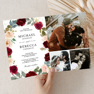 Burgundy Peach Floral Photo QR Code Wedding Invitation