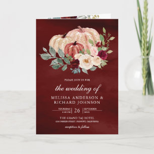 Burgundy Peach Floral Pumpkin QR Code Wedding Invitation