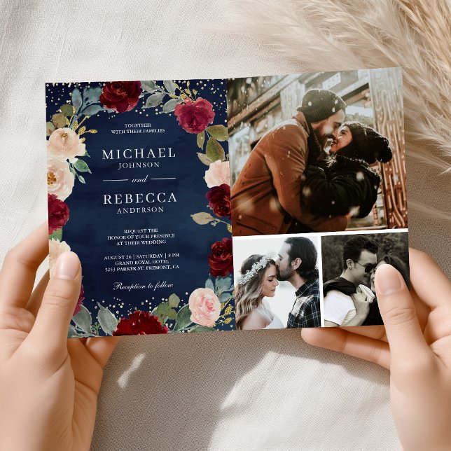 Burgundy Peach Floral QR Code Navy Blue Wedding Invitation (Creator Uploaded)