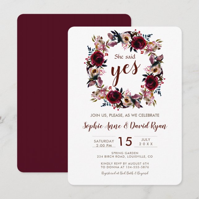 Burgundy Peach Marsala Floral Engagement Party Invitation (Front/Back)