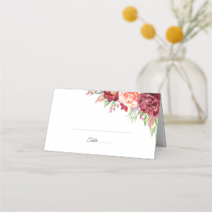 Burgundy Peach Rose Foliage Watercolor Wedding Place Card