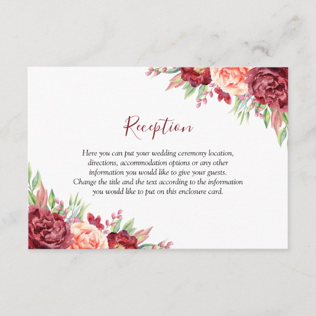Burgundy Peach Rose Watercolor Floral Wedding Enclosure Card (Front)
