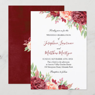 Burgundy Peach Rose Watercolor Floral Wedding Invitation