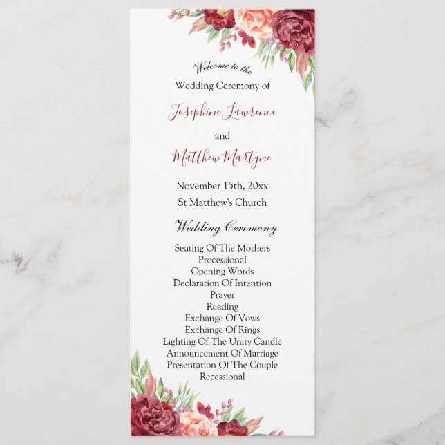 Burgundy Peach Rose Watercolor Floral Wedding Program (Front)