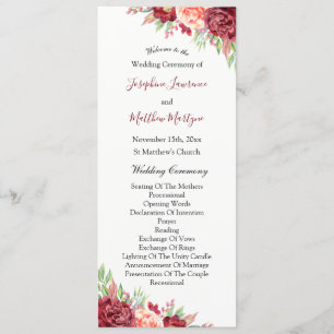 Burgundy Peach Rose Watercolor Floral Wedding Program