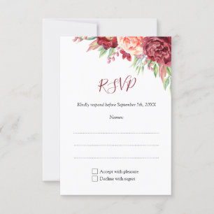 Burgundy Peach Rose Watercolor Floral Wedding RSVP Card