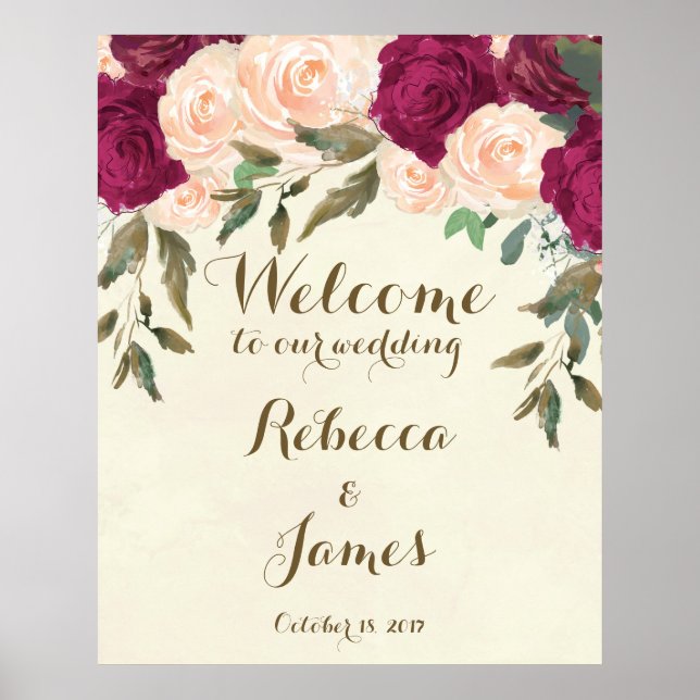 burgundy pêche mariage fleuri accueil affiche (Devant)
