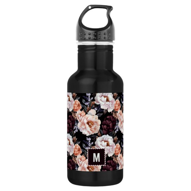 Burgundy Peonies Floral Pattern | Monogram 532 Ml Water Bottle (Front)