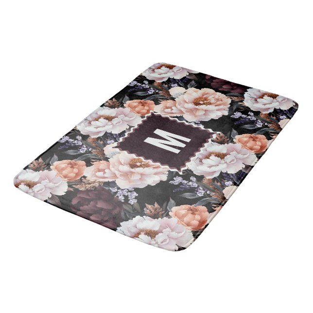 Burgundy Peonies Floral Pattern | Monogram Bath Mat (Angled)