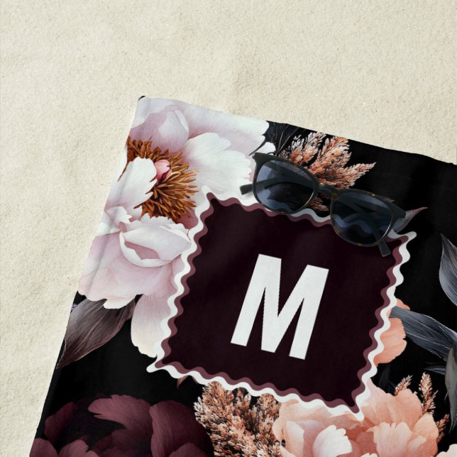 Burgundy Peonies Floral Pattern | Monogram Beach Towel (In Situ)