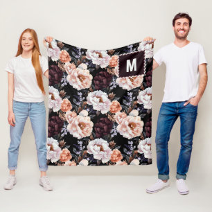 Burgundy Peonies Floral Pattern   Monogram Fleece Blanket