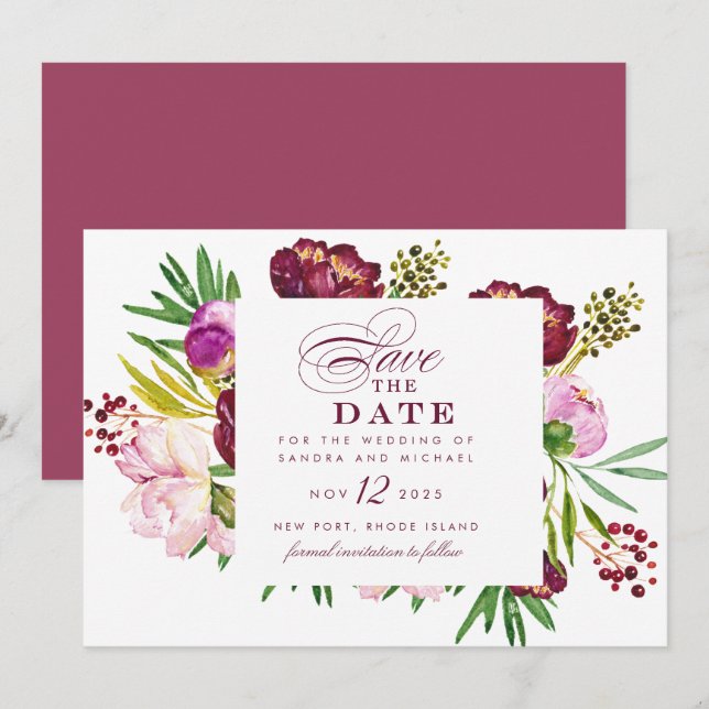 Burgundy Peonies Floral Save the Date Invitation (Front/Back)