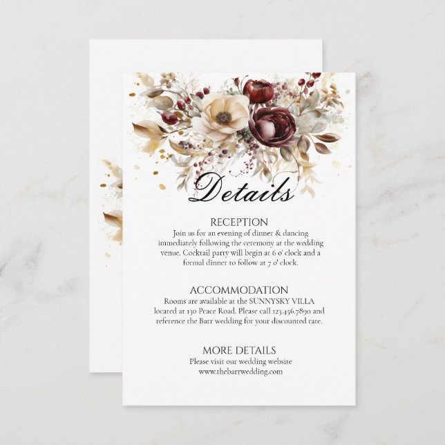 Burgundy Peonies Wedding Details Enclosure Card (Front/Back)