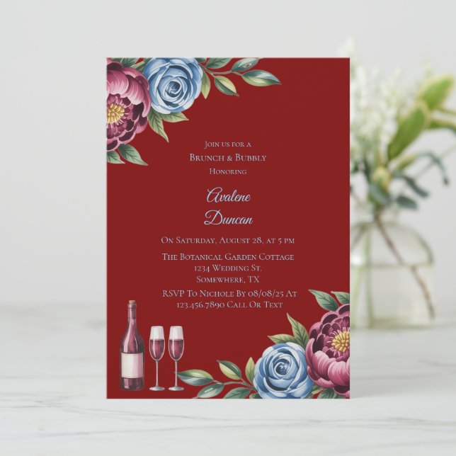 Burgundy Peony and Blue Rose Brunch & Bubbly Invitation (Standing Front)