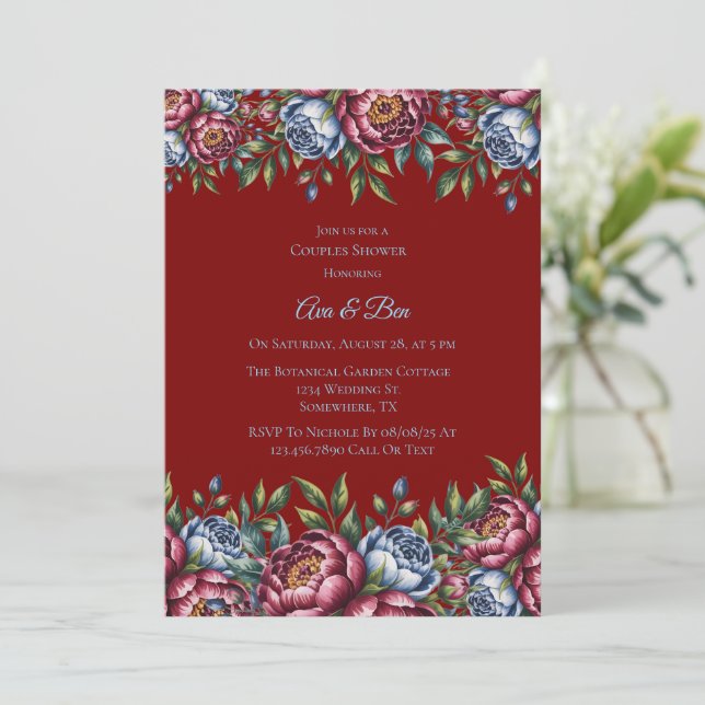 Burgundy Peony and Blue Rose Couples Shower Invitation (Standing Front)