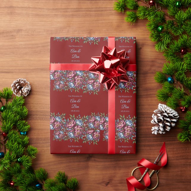 Burgundy Peony and Blue Rose Wedding Wrapping Paper (Holiday Gift)