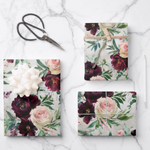 Burgundy Peony Blush Pink Mondial Roses Wrapping Paper Sheet