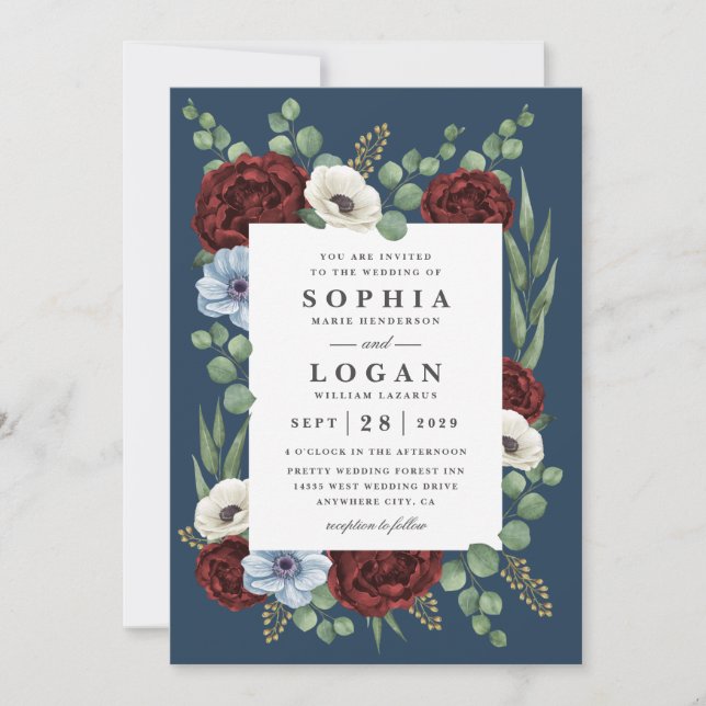Burgundy Peony Dusty Blue Anemone Floral Wedding Invitation (Front)
