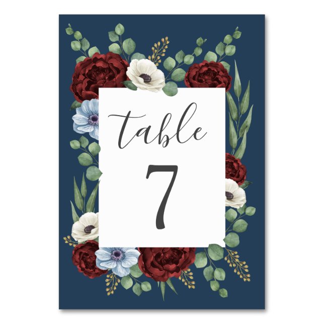 Burgundy Peony Dusty Blue Anemone Floral Wedding Table Number (Front)