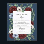 Burgundy Peony Dusty Blue Navy Wedding Menu Cards<br><div class="desc">Design features a greenery floral wreath made up of silver dollar and seeded eucalyptus. Burgundy red rose peonies, dusty blue and ivory ecru or white anemones add an elegant touch. The background is a navy blue shade with a white text box. Dark grey fonts are used with a modern layout...</div>