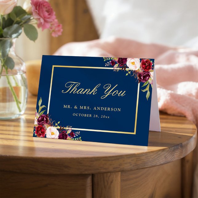 Burgundy Peony Floral Gold Navy Blue Thank You (Creator Uploaded)