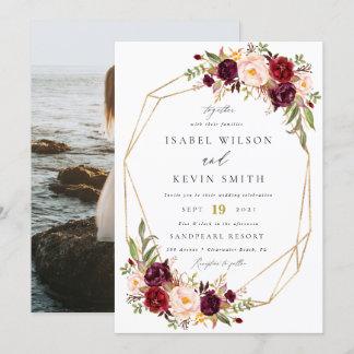 Burgundy Peony Flowers Geometric frame wedding Invitation