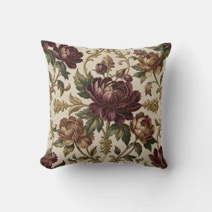 Burgundy Peony Golden Baroque Damask Pattern Throw Pillow